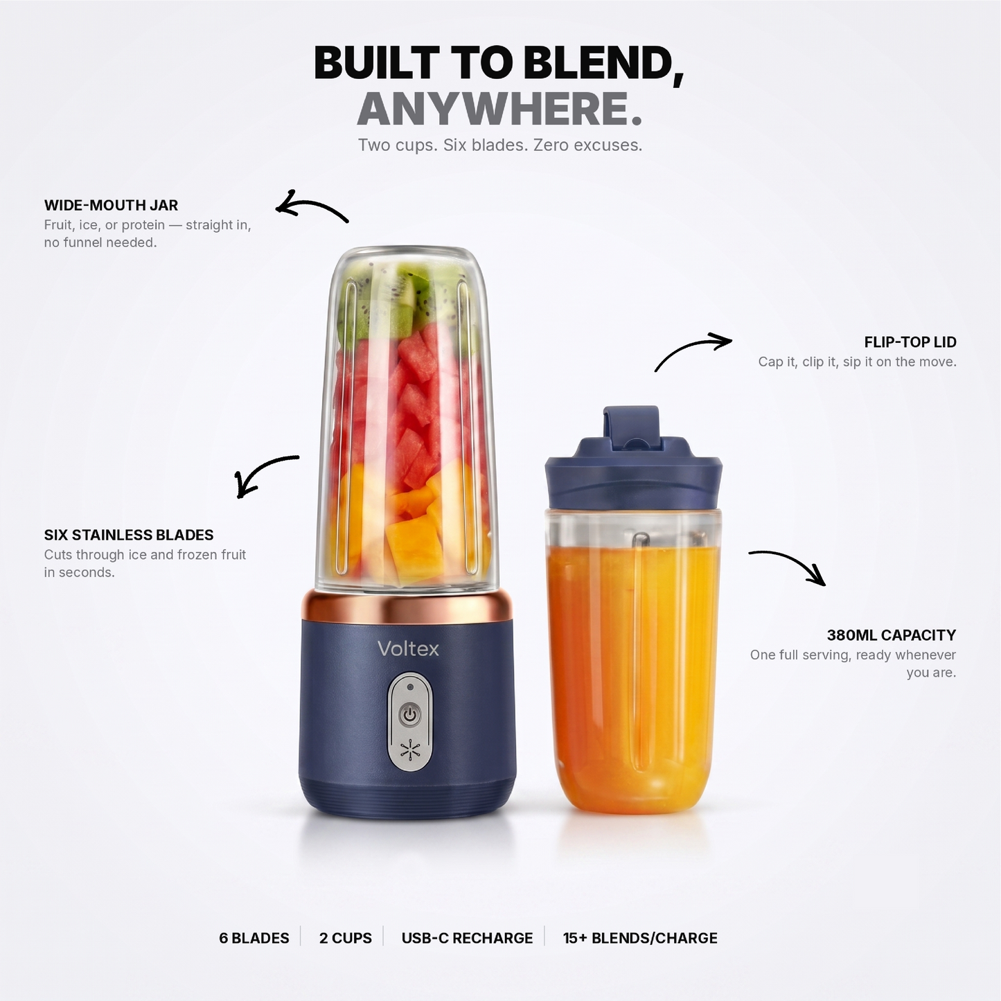Portable Blender Pro - 6 Blades. 2 Cups.